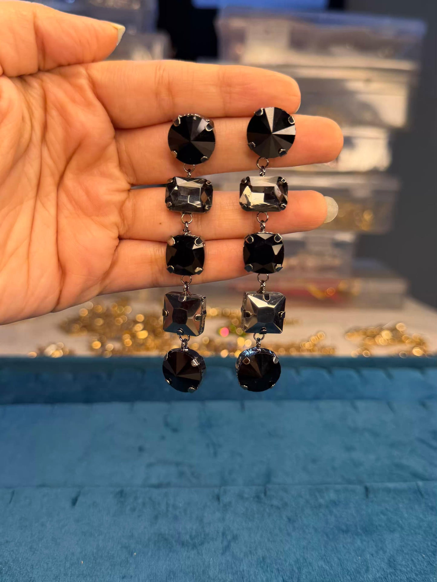 Black And Silver Colour Multishape Long Gold Plated Earrings