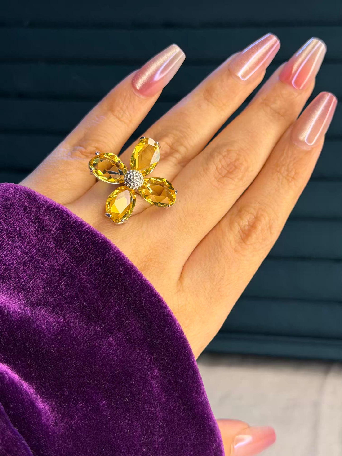 Yellow Flower Silver Plated Premium Ring (Adjustable)