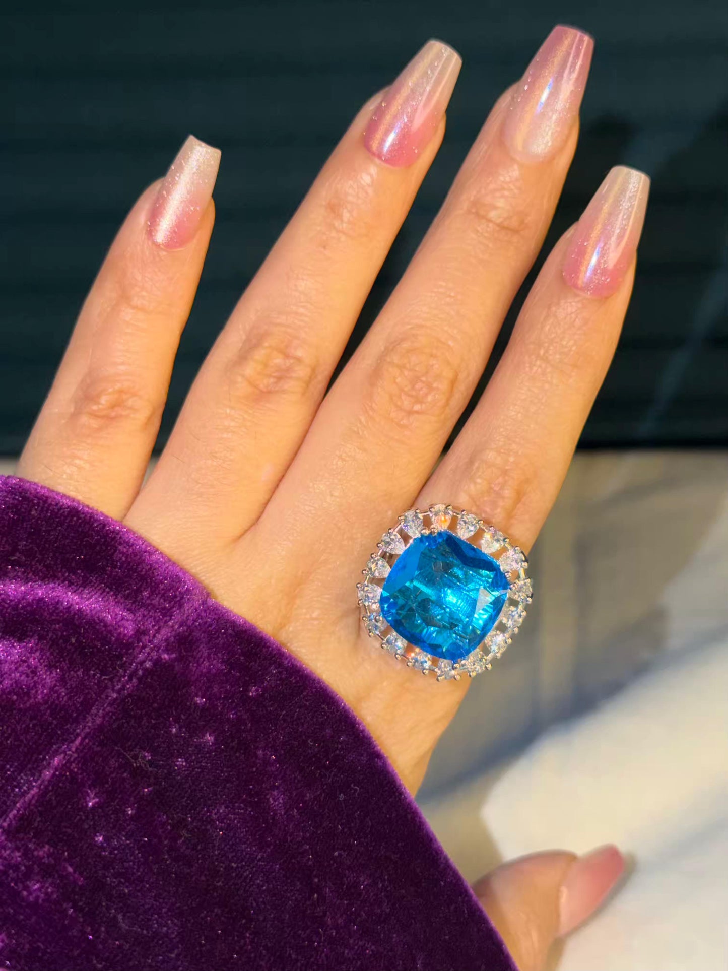 Aqua Blue Square Statement Silver Plated Premium Ring (Adjustable)