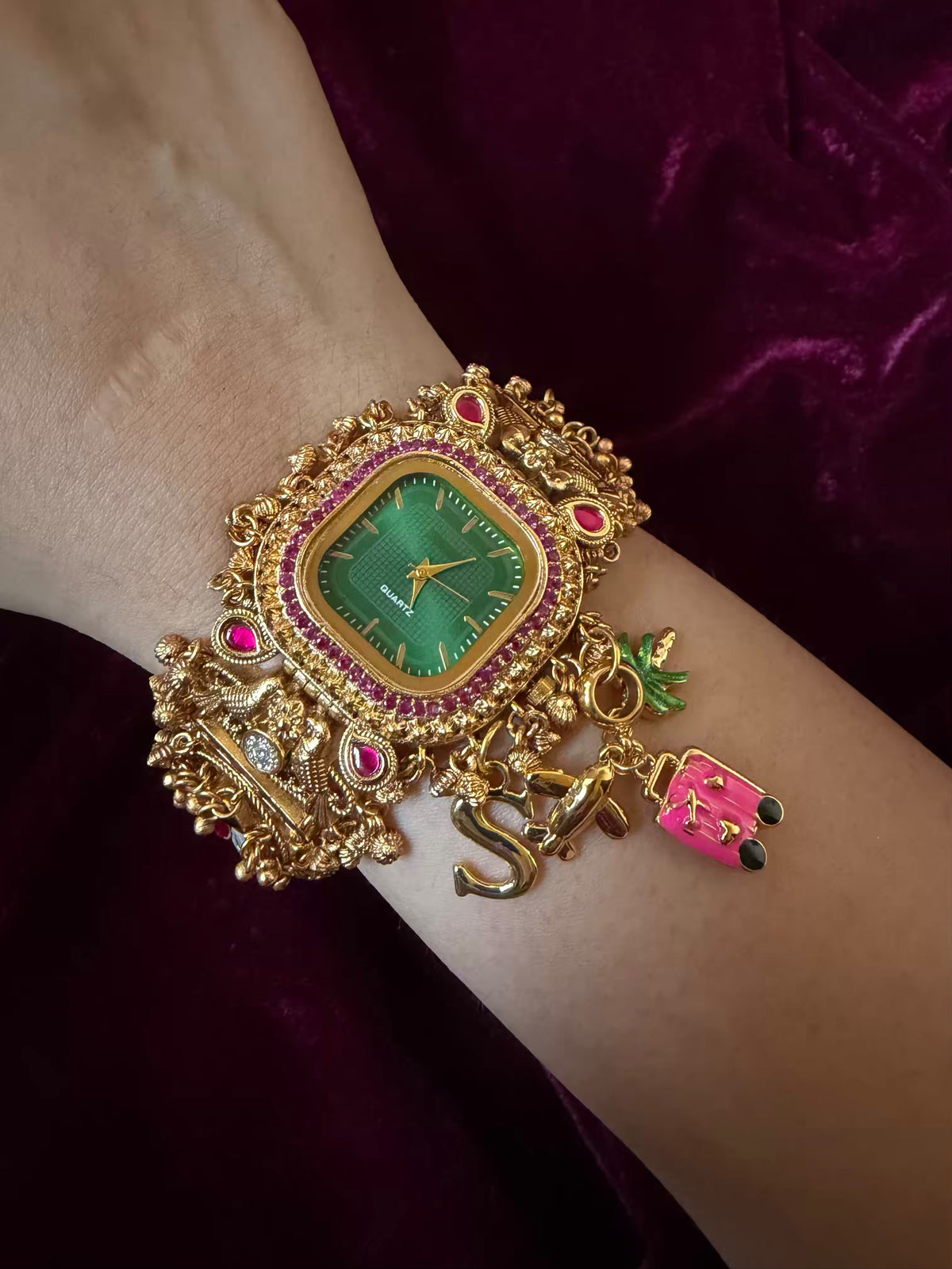 Emerald Royale Pineapple Charm Dial Maharani Watch Bracelet – Gold & Ruby Pink