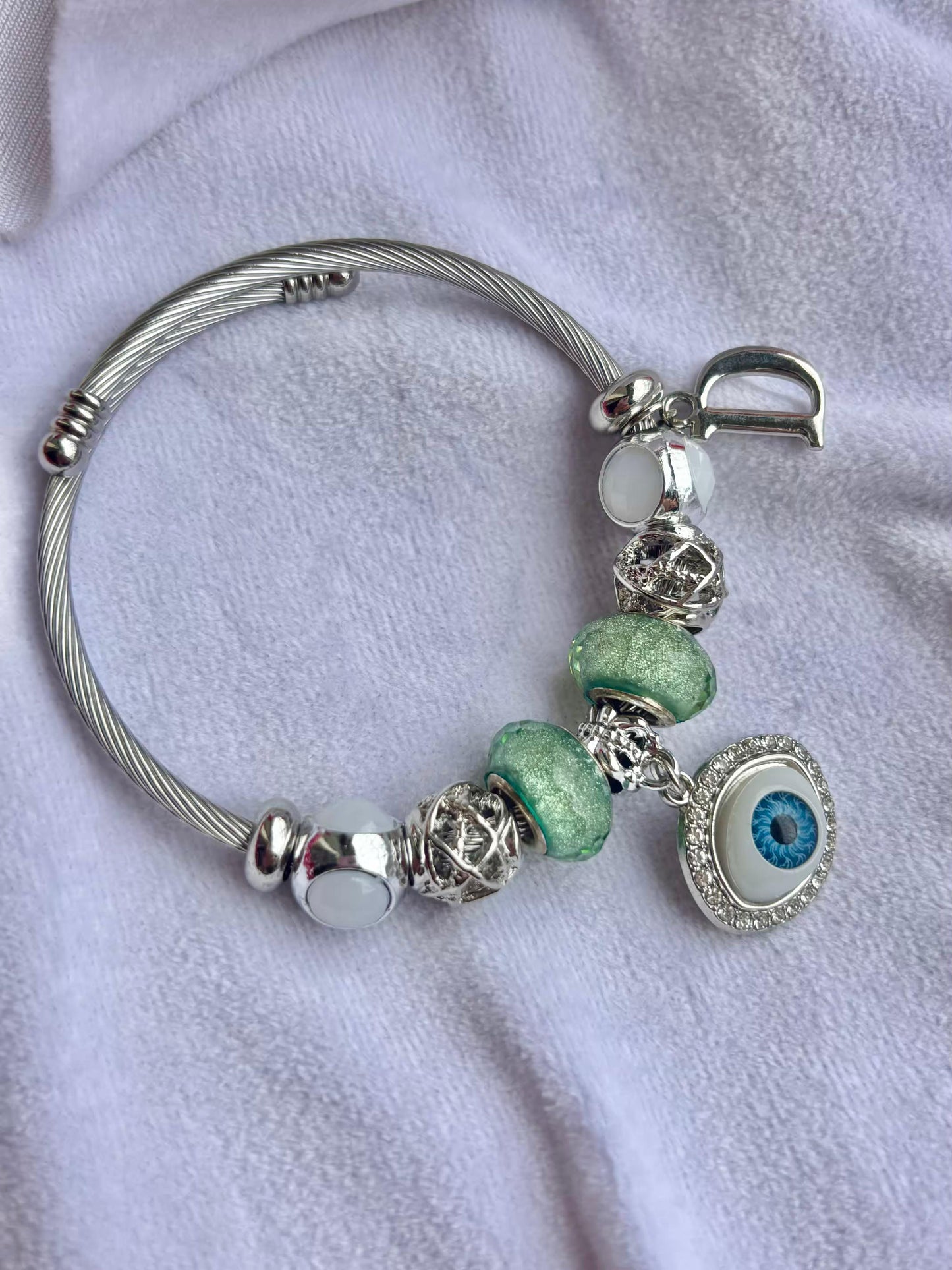 Pandora Charms Pastel  Green Bracelet With Customised Initial  ( Silver )