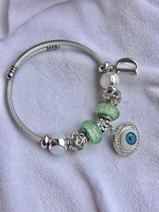 Pandora Charms Pastel  Green Bracelet With Customised Initial  ( Silver )