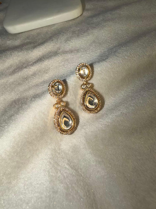 Classic Clear Kundan Drop Stud Gold Plated Earrings