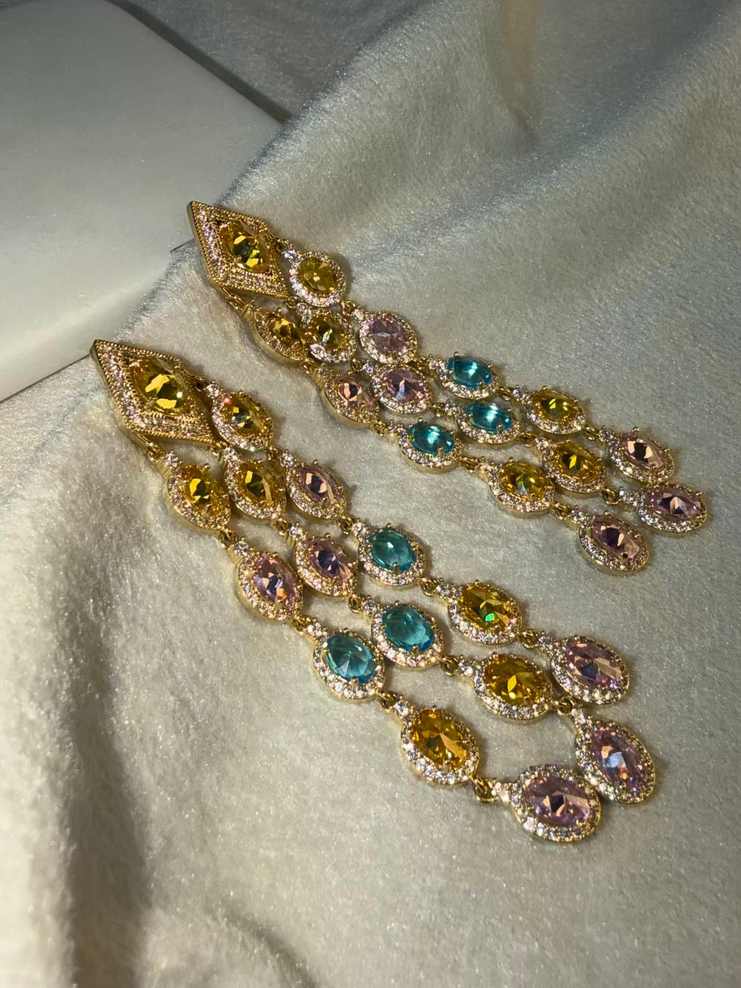 Aqua Blue & Blush Pink Cascade Luxury Party Wedding Rhodium Gold Plating Earrings