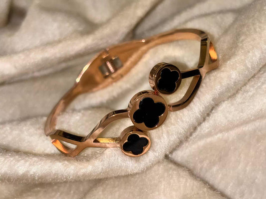 For Thin Wrist Triple Black Clover 18K Gold plated Premium Bangle 2.2 - 2.4 Size