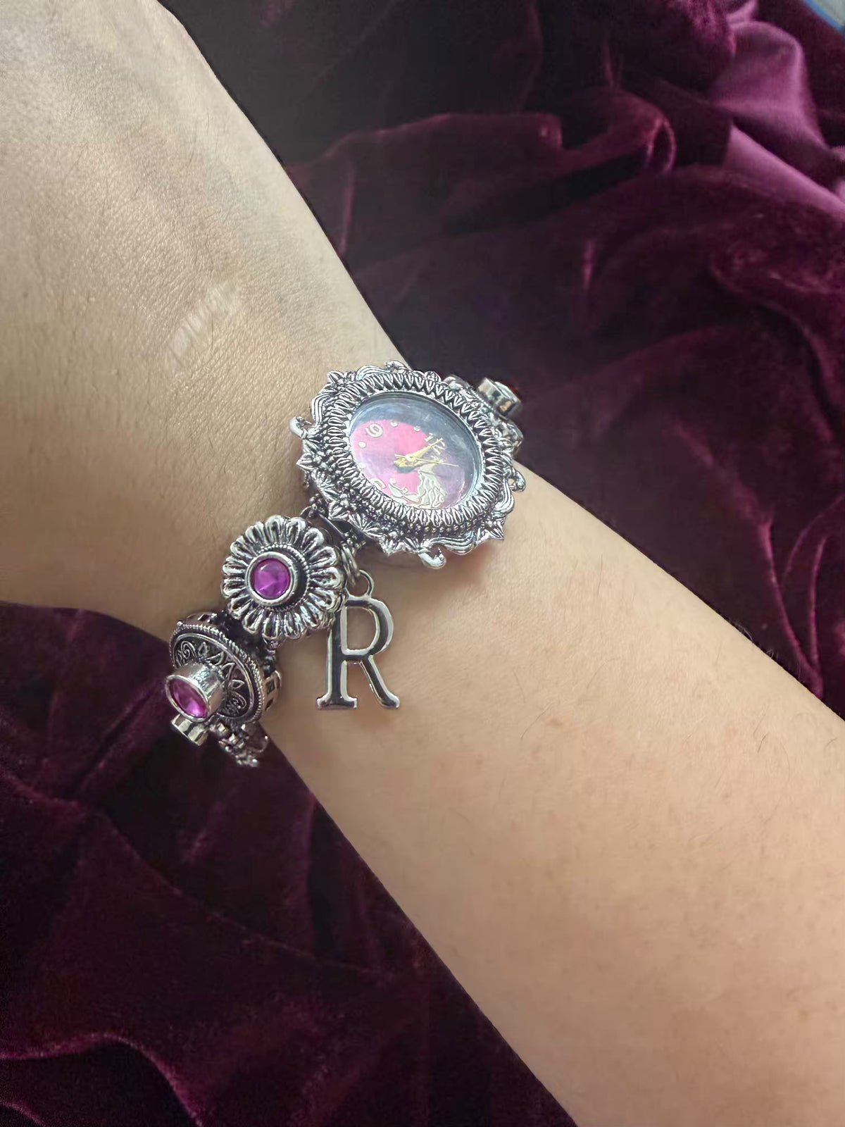 Royal Gulab Inspired Silver-Tone Navratri Oxidised Heritage Watch