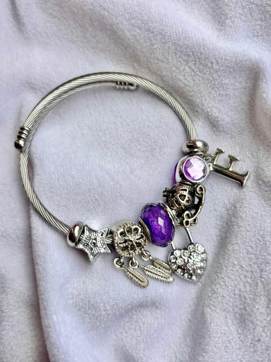 Pandora Charms Violet Bling Bracelet With Customised Initial  ( Silver )