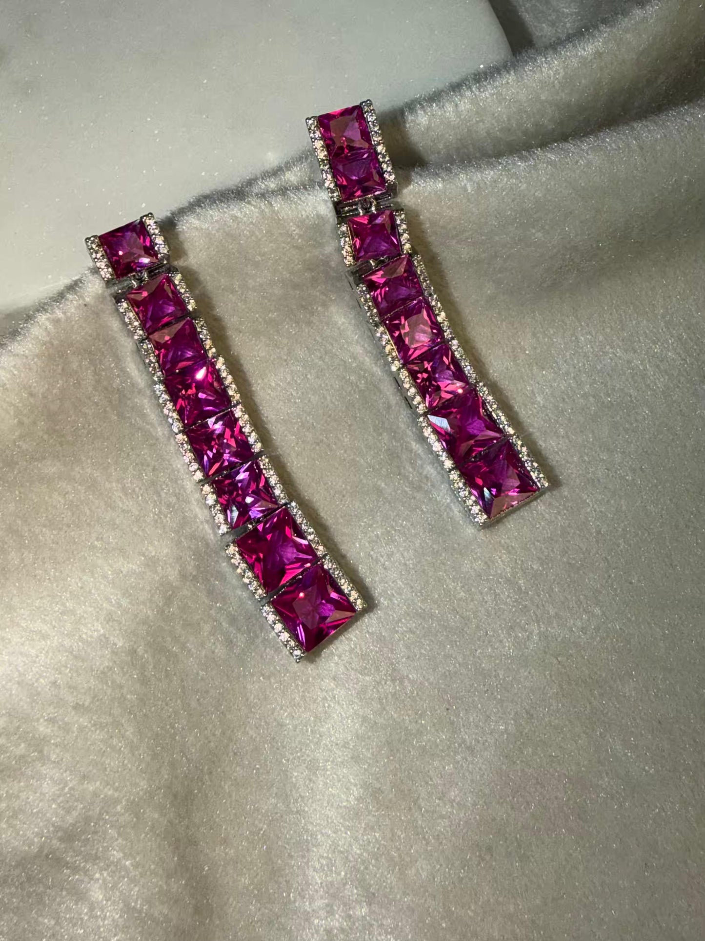 Magenta Ruby Linear Luxury Party Wedding Rhodium Silver Plating Earrings