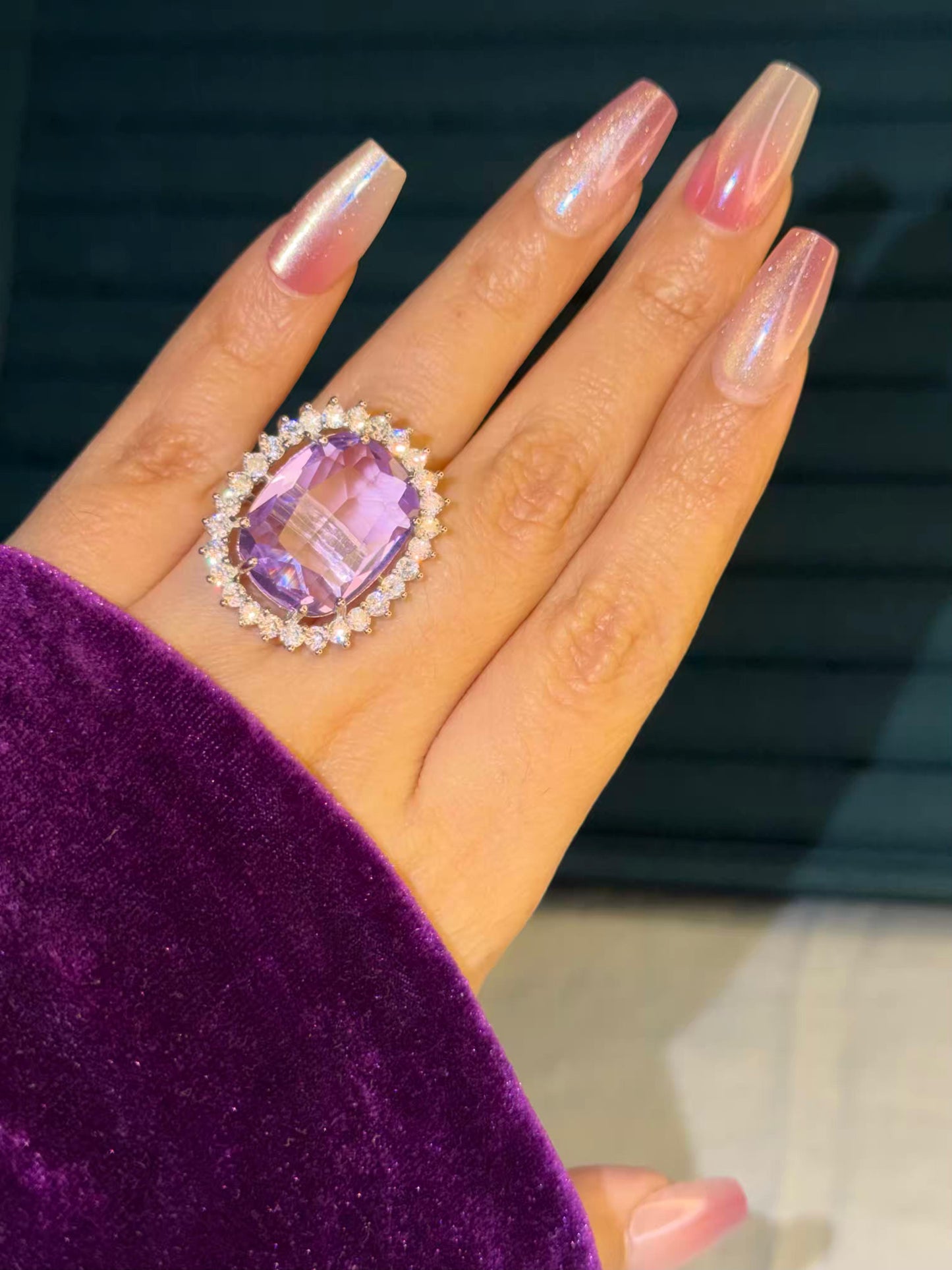 Light Purple Big Statement Silver Plated Premium Ring (Adjustable)