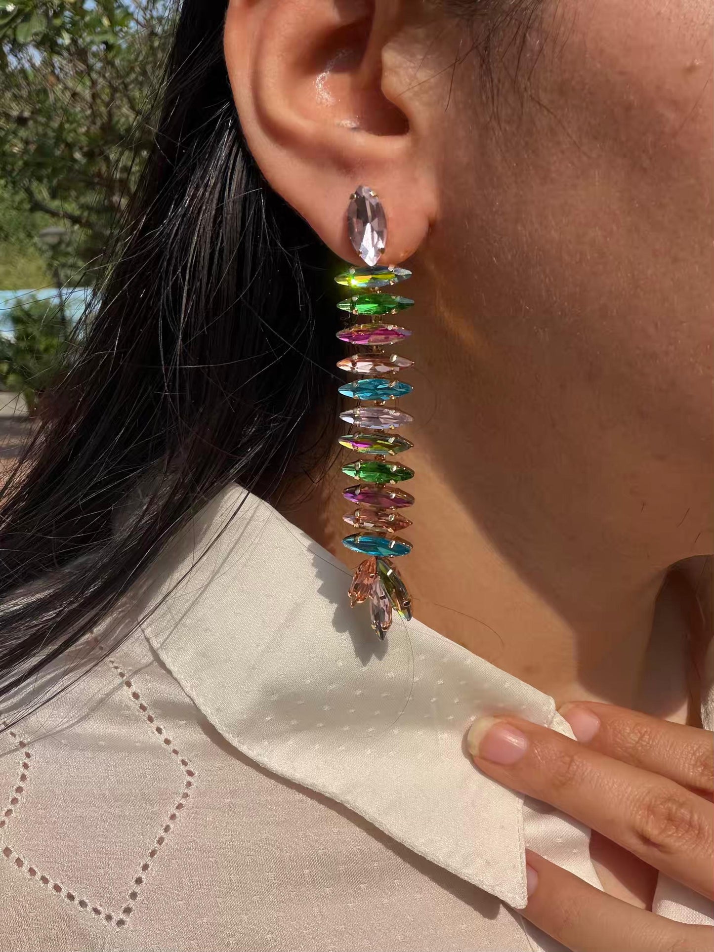 Long Stone Chain Multicolour Gold Plated Earrings