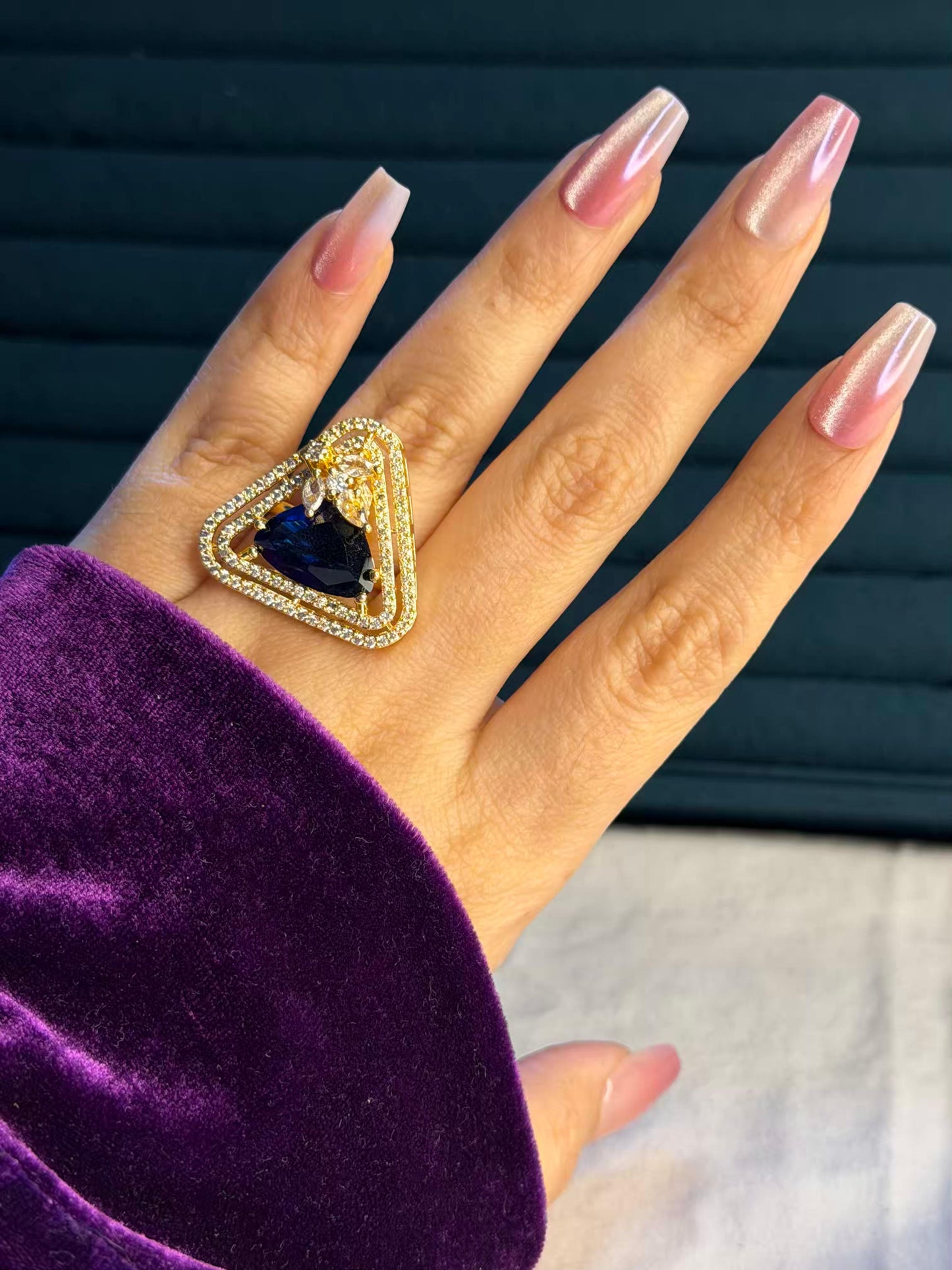 Dark Blue Triangle Diamond Silver Plated Premium Ring (Adjustable)