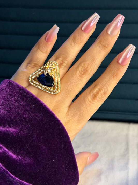 Dark Blue Triangle Diamond Silver Plated Premium Ring (Adjustable)