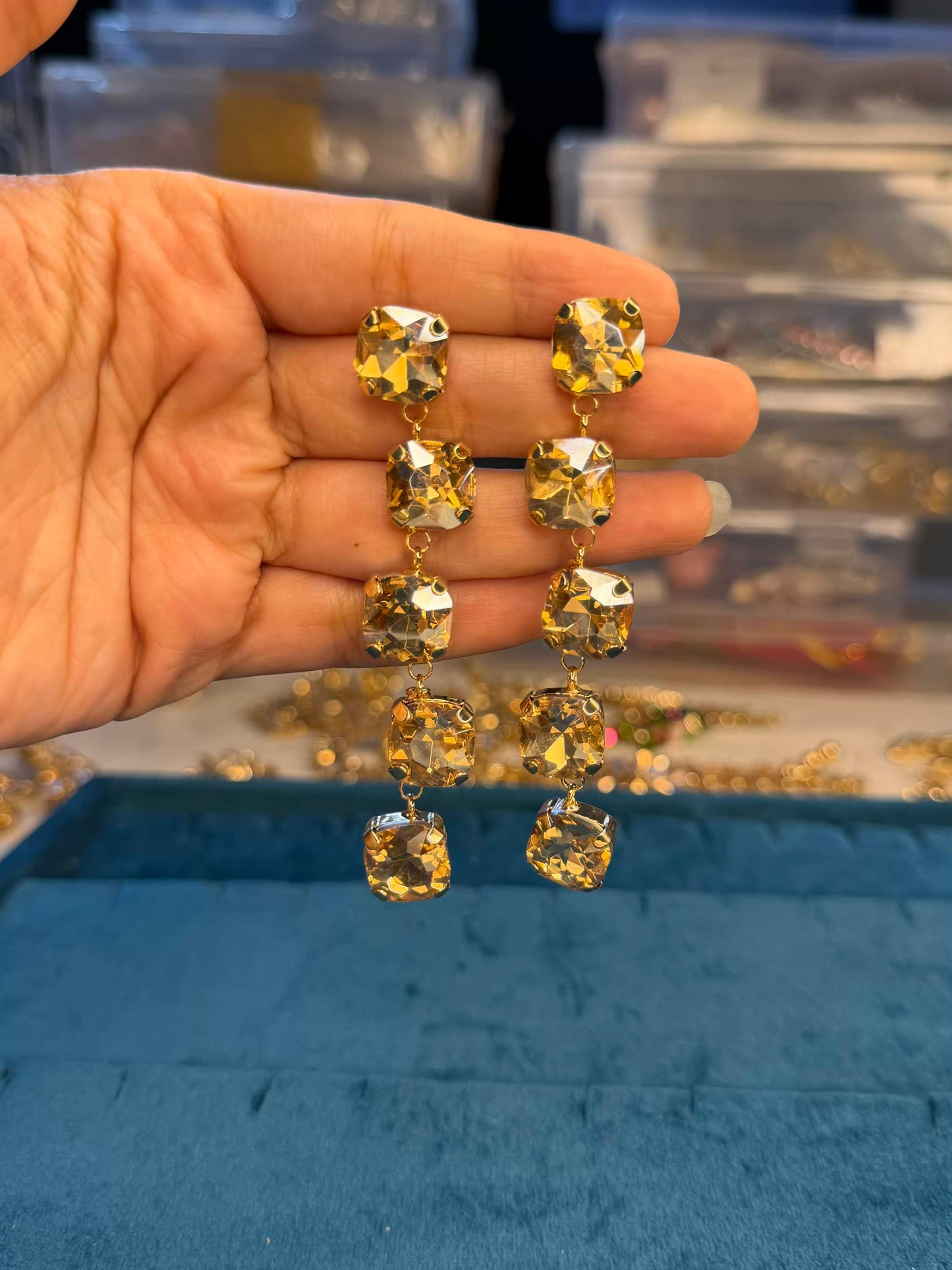 Traditional Yellow Diamond Long Gold Plated Earrings