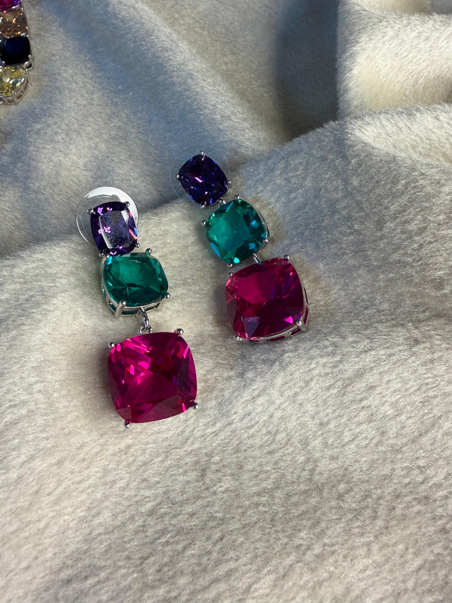 Multicoloured Rhodium Silver Ruby Green Amethyst Necklace Set with Dangling Earrings