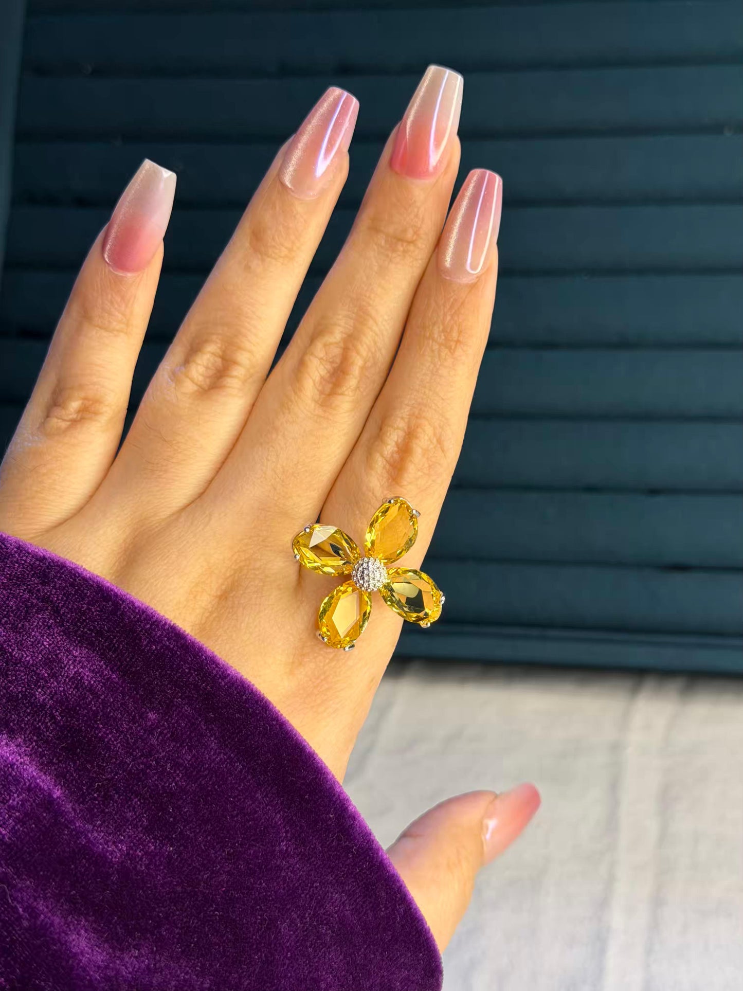 Yellow Flower Silver Plated Premium Ring (Adjustable)