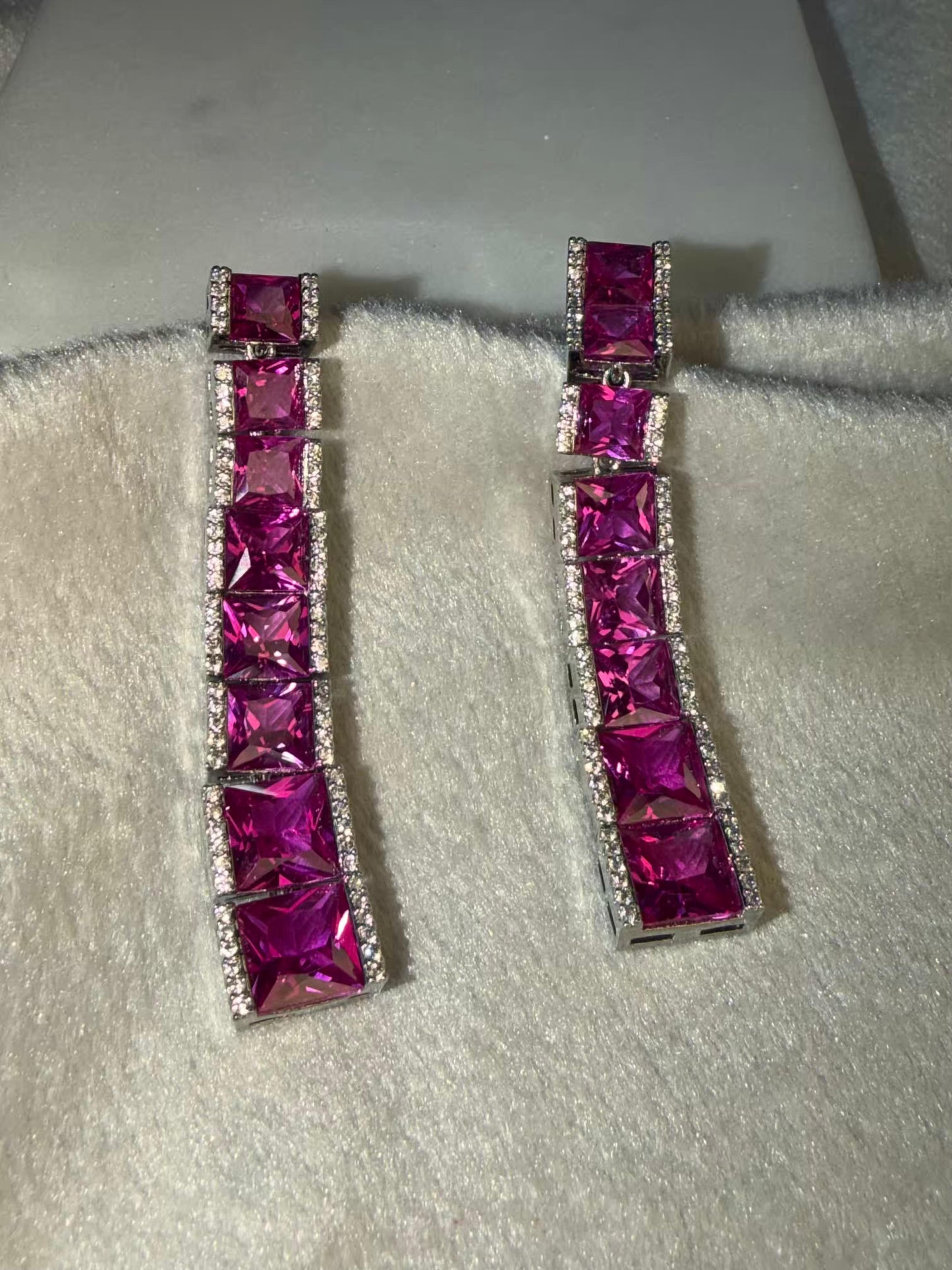 Magenta Ruby Linear Luxury Party Wedding Rhodium Silver Plating Earrings