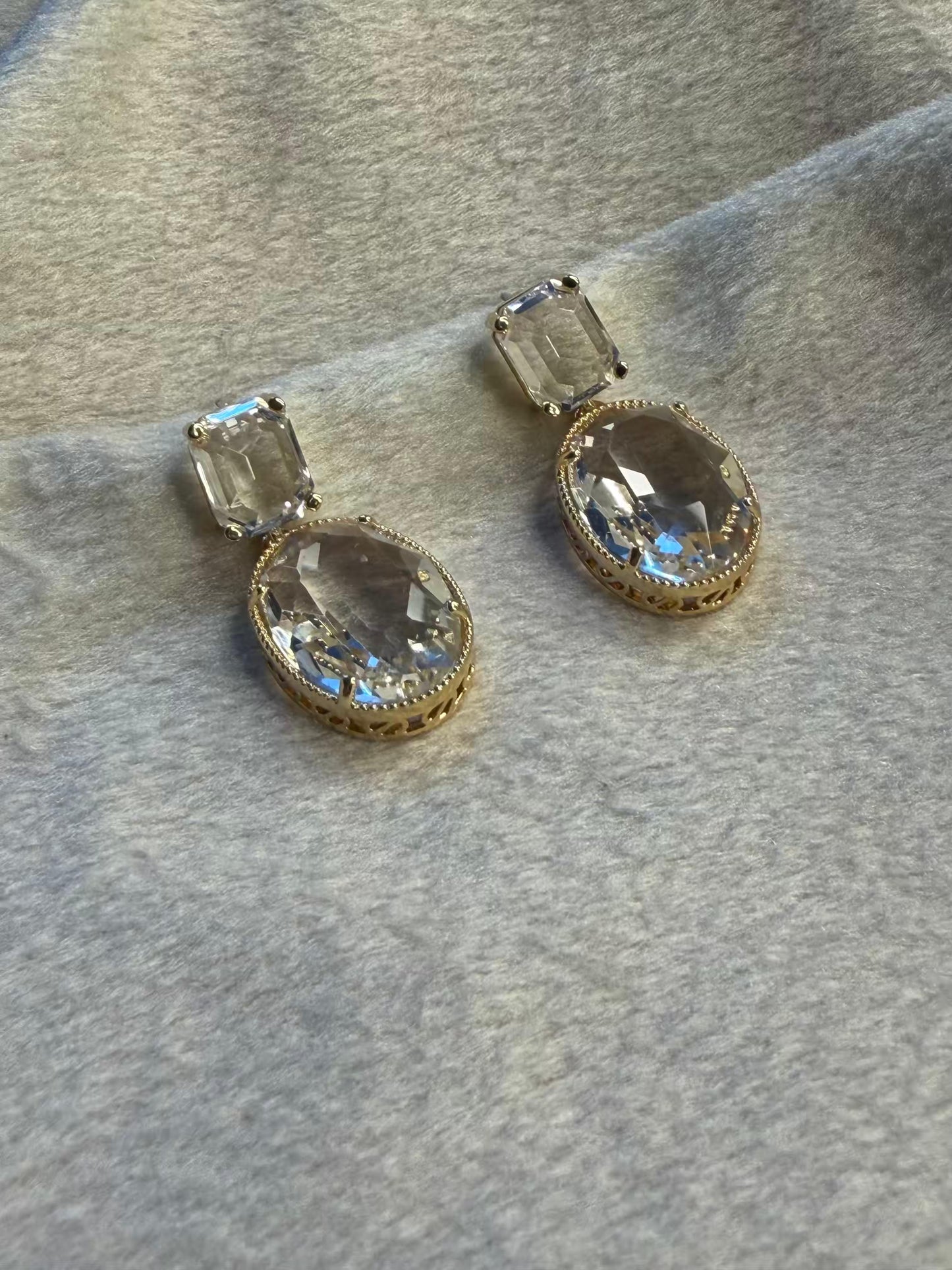 Clear Crystal Oval Drop Gold Plated Earrings