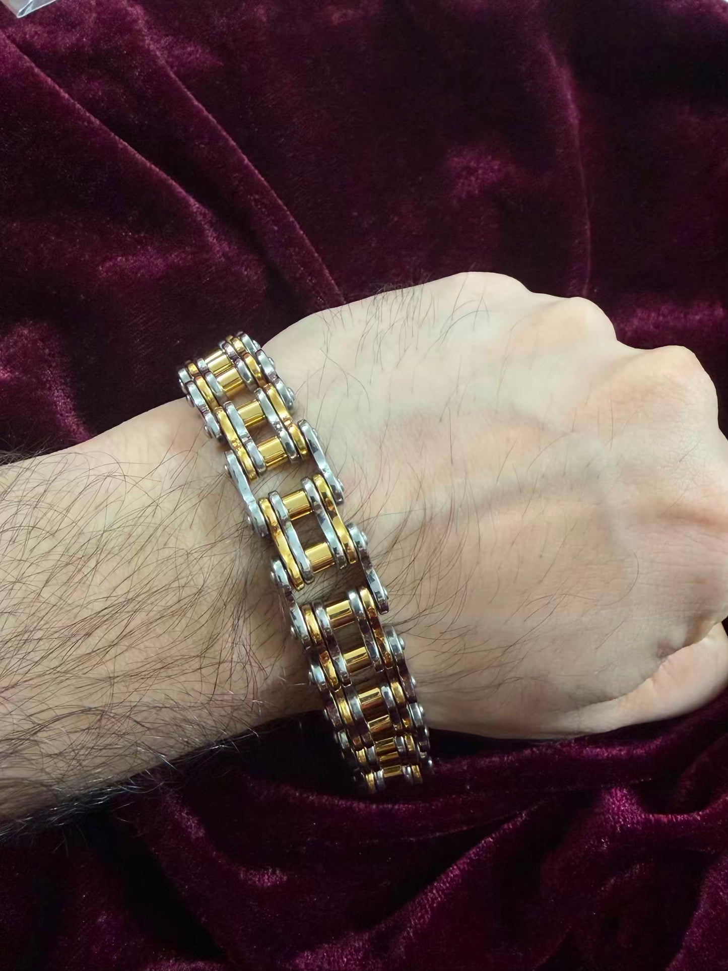 Premium Dual-Tone Silver & Gold Roller Motorcycle Chain Men's Rakhi Bracelet