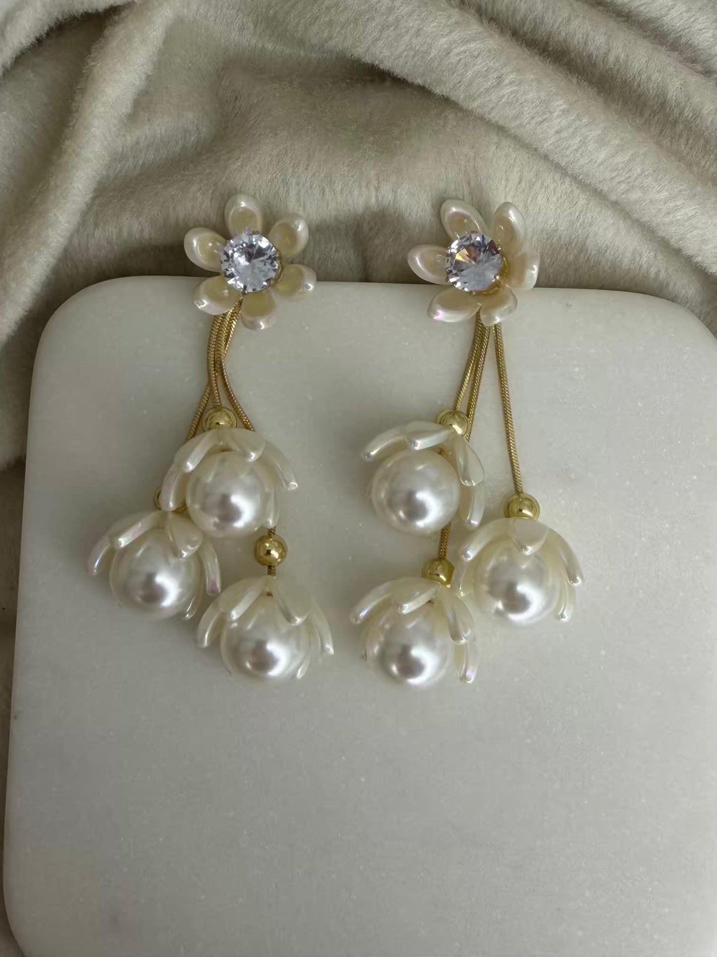 White Mini Flower Shaped Gold Plated Earrings