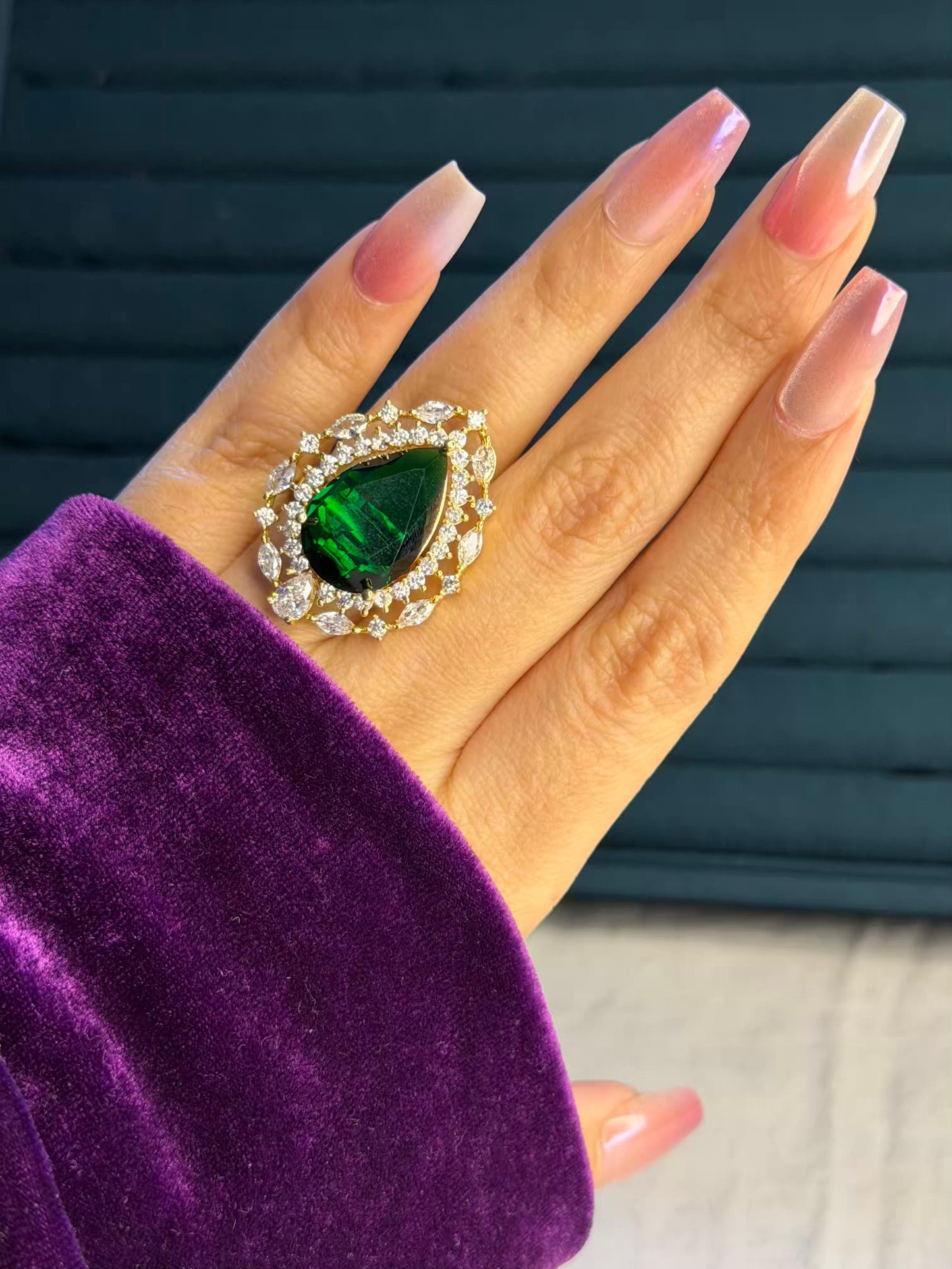 Emerald Green Stone Diamond Edge Gold Plated Premium Ring (Adjustable)