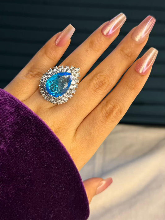 Blue Serene Majesty Silver Plated Premium Ring (Adjustable)