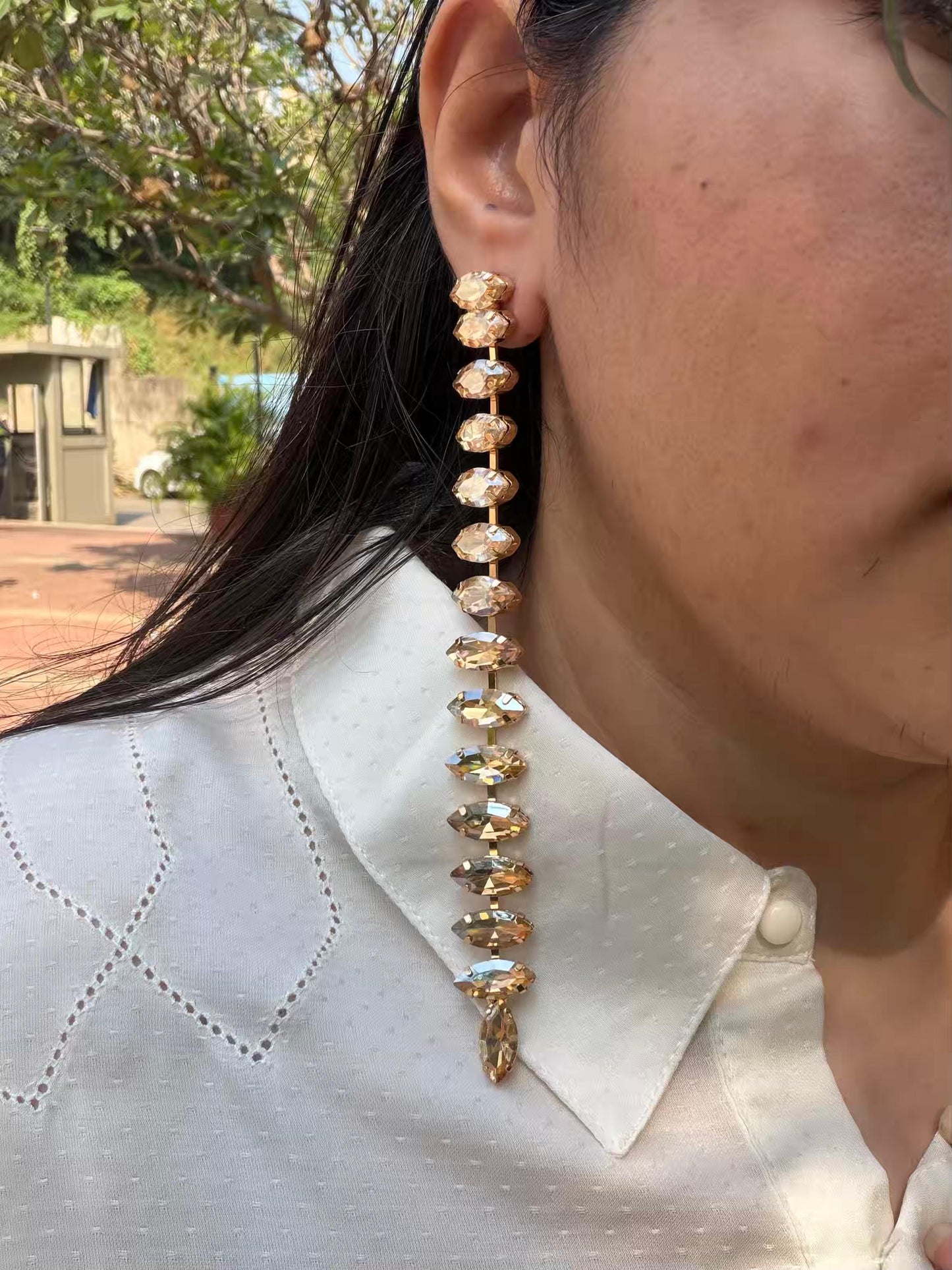 Golden Colour Stones Layers Long Gold Plated Earrings