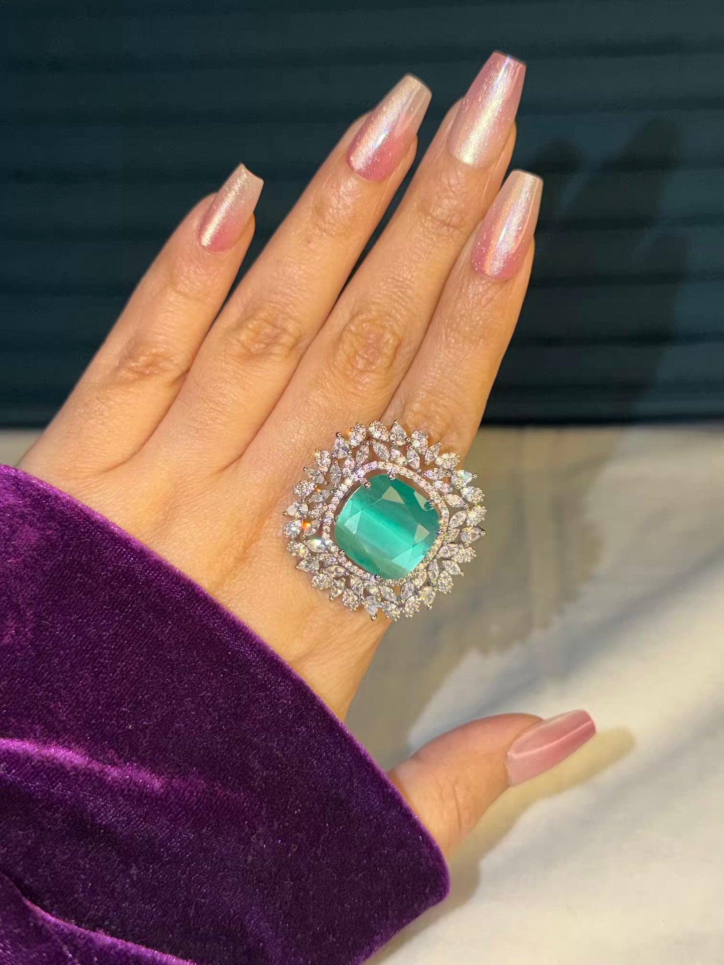 Emerald Auror Silver Plated Premium Ring (Adjustable)