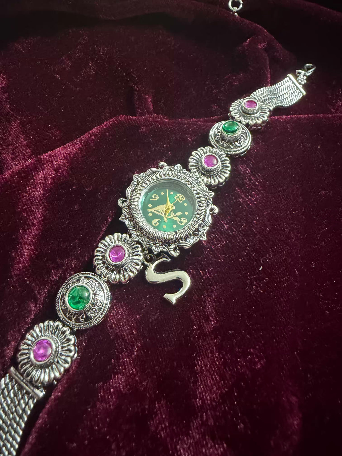 Nazakat Emerald Bloom Silver-Tone Navratri Oxidised Heritage Watch