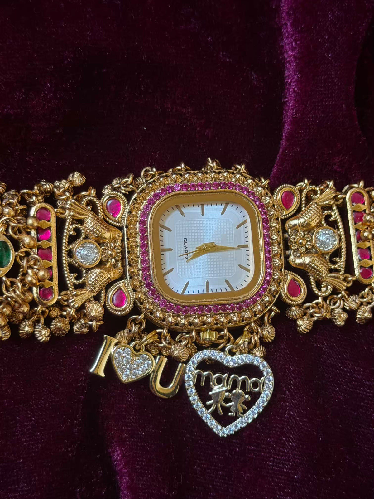 I  Love You Maharani Square Dial Heritage Watch Bracelet in Premium Swarovski – Gold & Ruby Pink