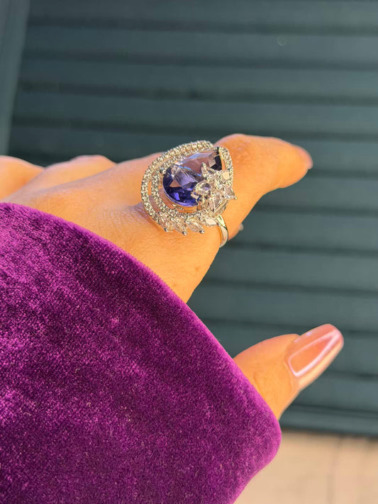 Purple Crystal Floral Silver Plated Premium Ring (Adjustable)