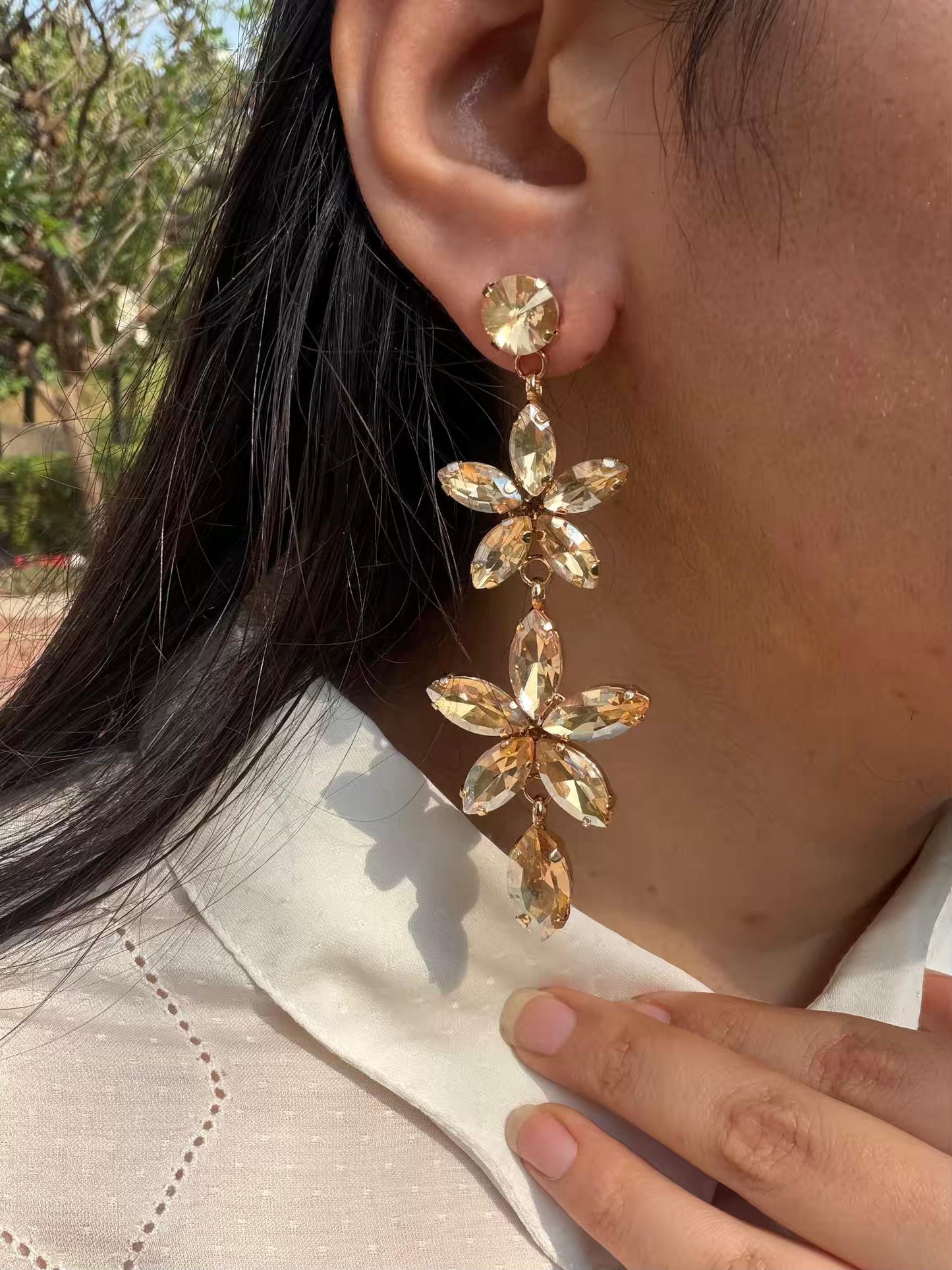 Golden Flower Shaped Long Gold Plated Earrings