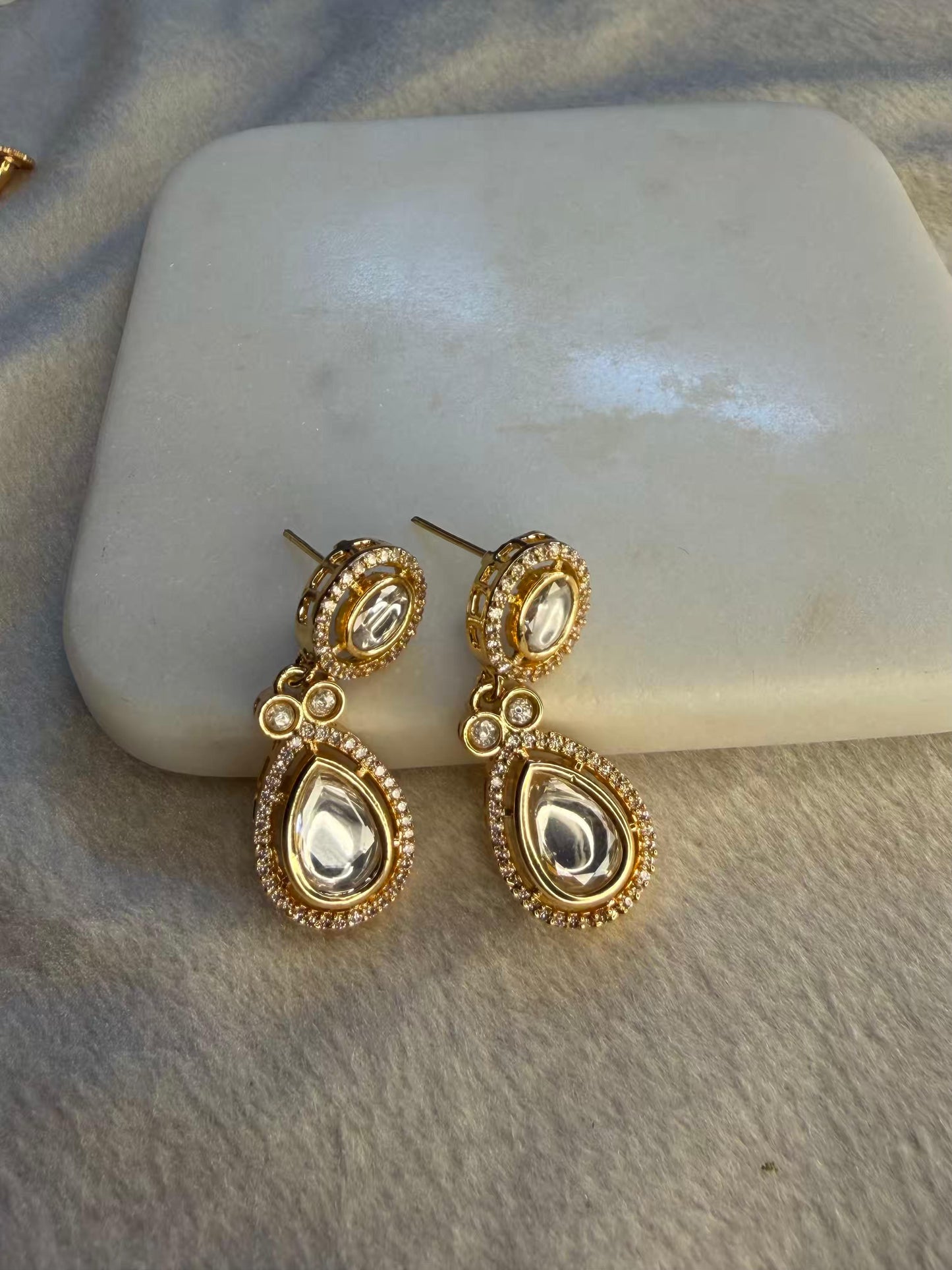 Classic Clear Kundan Drop Stud Gold Plated Earrings
