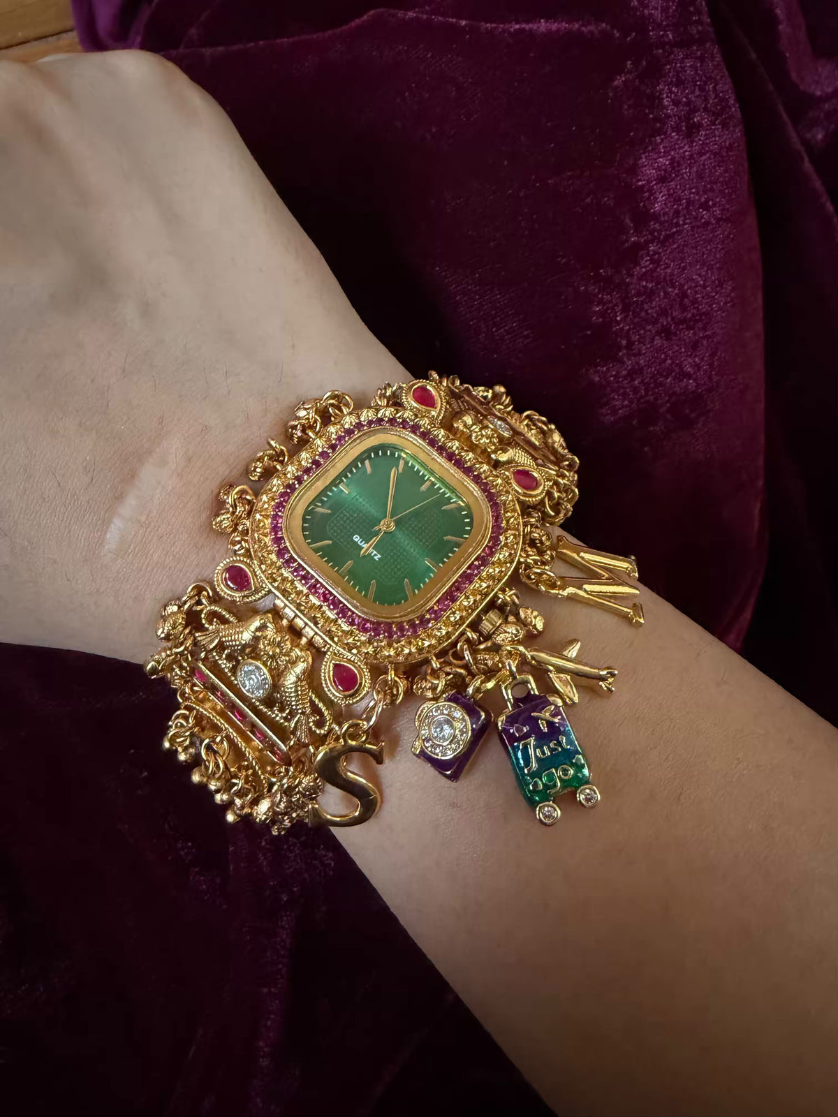 Emerald Green Stone Pink Halo Square Dial Maharani Watch Bracelet