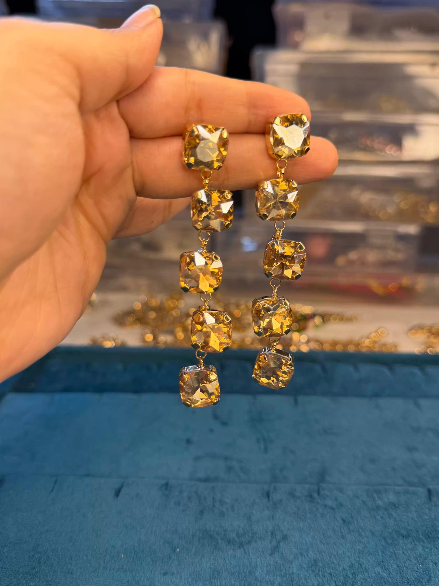 Traditional Yellow Diamond Long Gold Plated Earrings