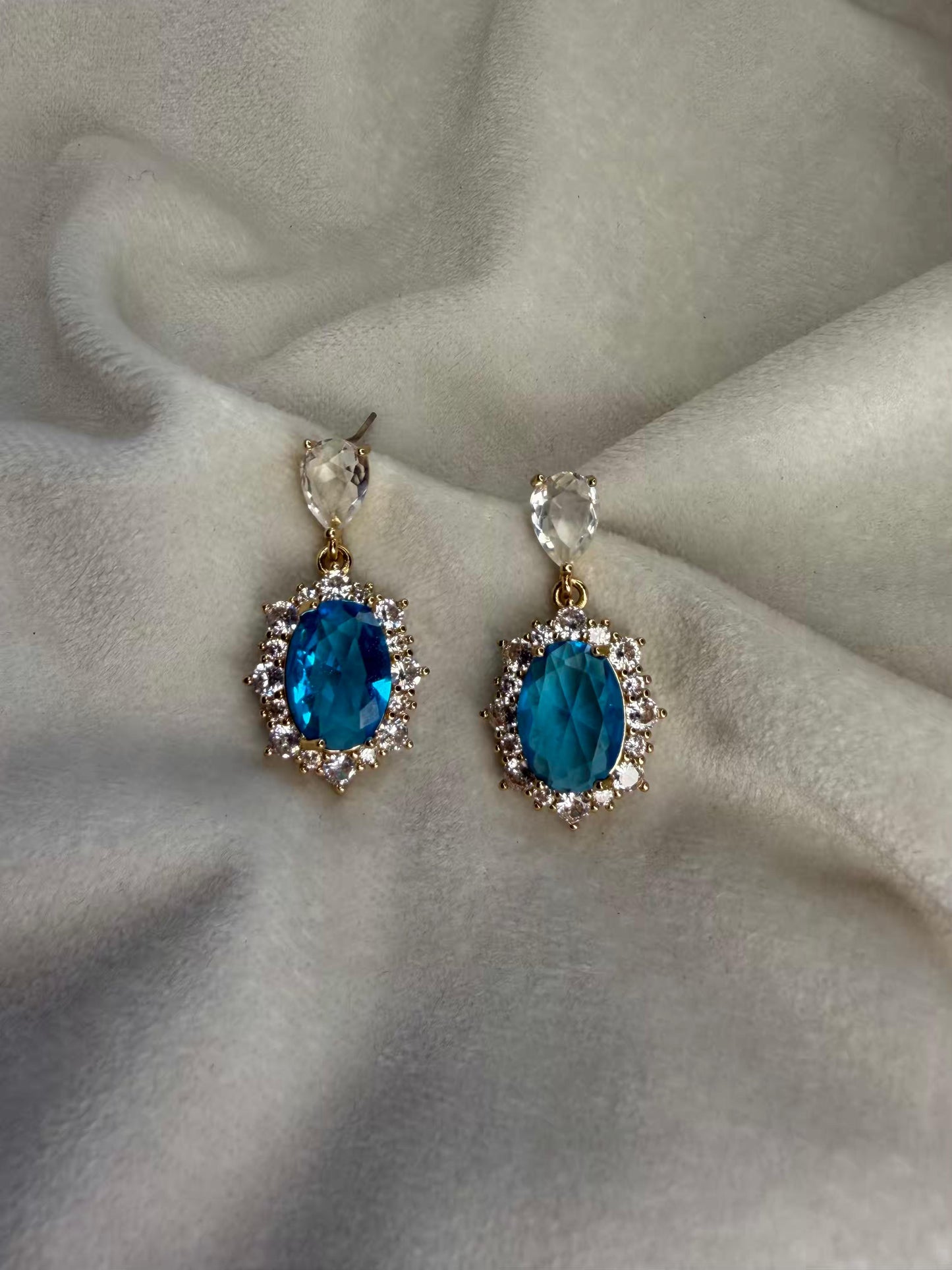 Royal Blue Halo Drop Gold Plated Earrings