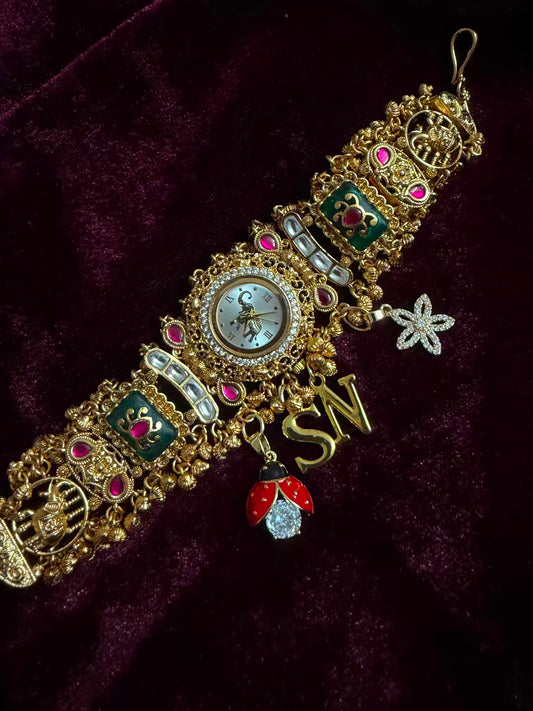 Bee Floral Emerald Meenakari Round Dial Luxury Watch Rakhi (Free Initial)