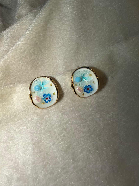 Blue Floral Resin Stud Gold Plated Earrings