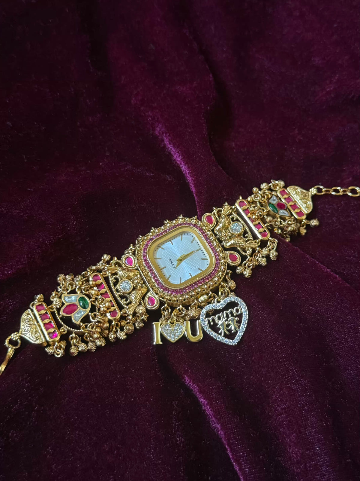 I  Love You Maharani Square Dial Heritage Watch Bracelet in Premium Swarovski – Gold & Ruby Pink