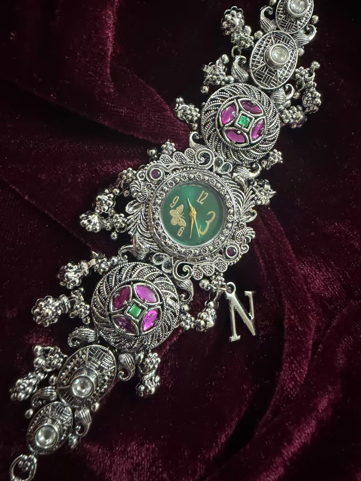 Garnet Silver-Tone Navratri Oxidised Heritage Watch