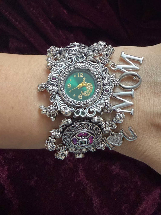I Love You Mom Emerald Greqen Round Dial Silver Oxidised Peacock Charm Maharani Watch Bracelet