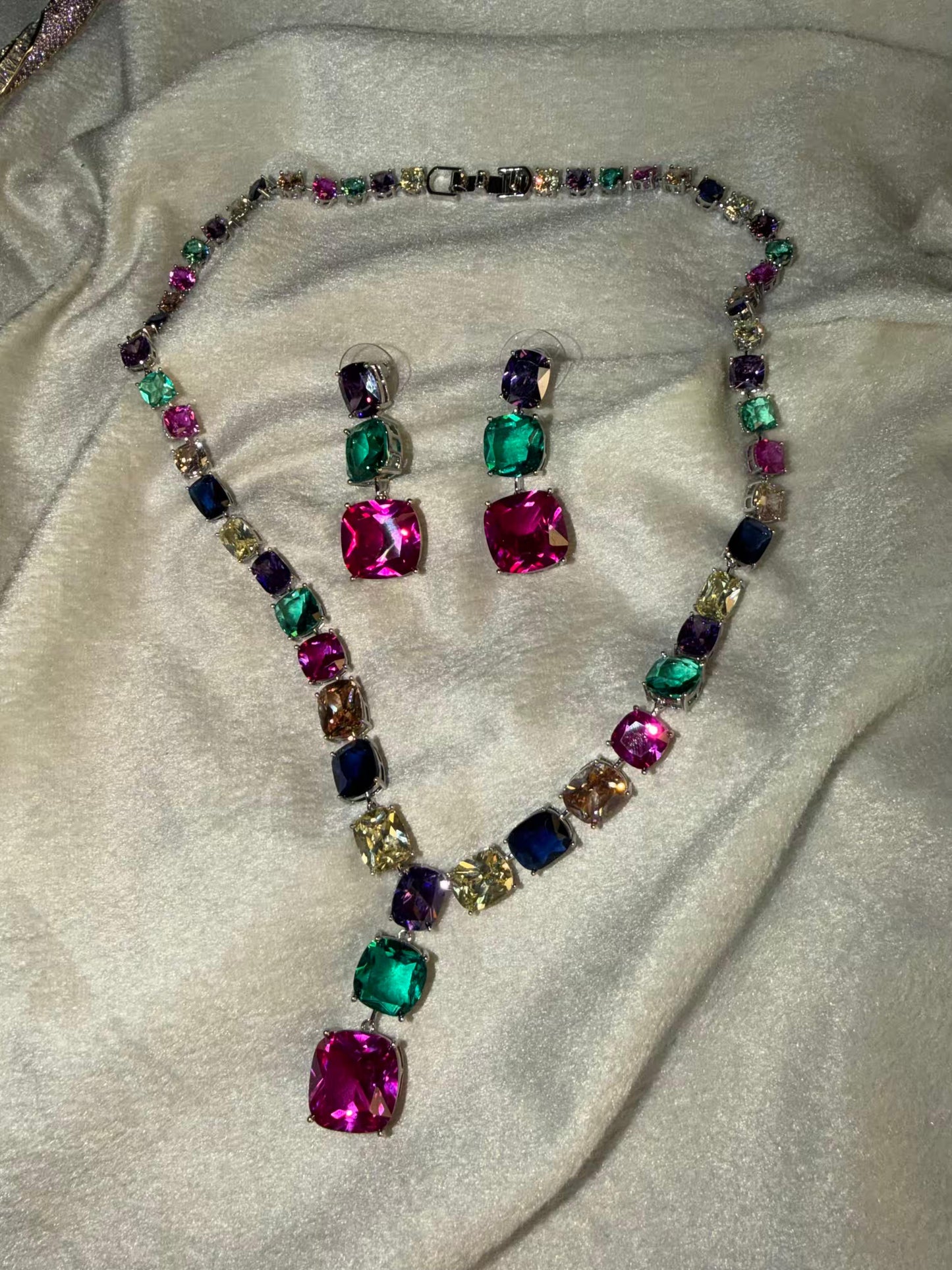 Multicoloured Rhodium Silver Ruby Green Amethyst Necklace Set with Dangling Earrings