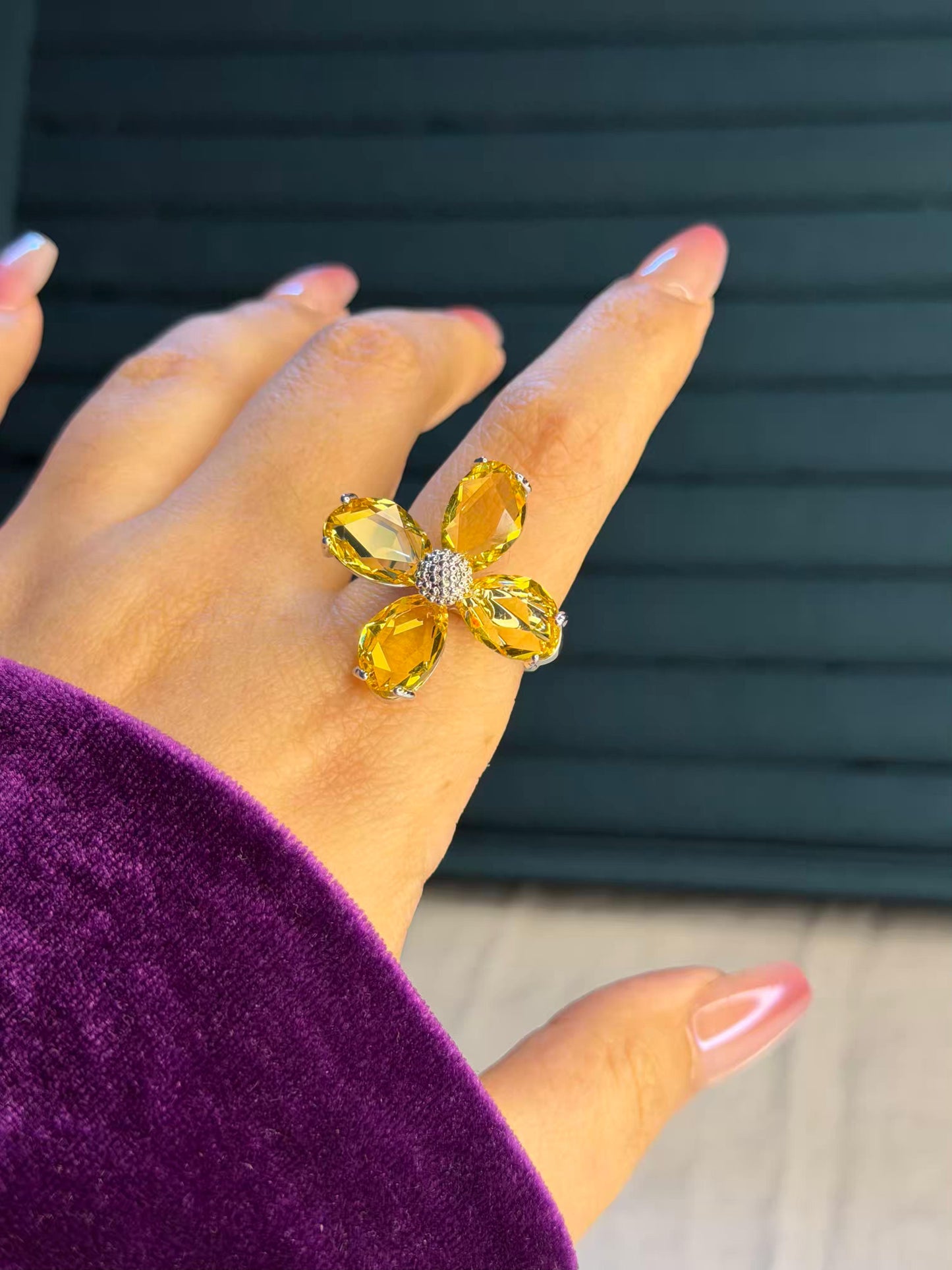 Yellow Flower Silver Plated Premium Ring (Adjustable)