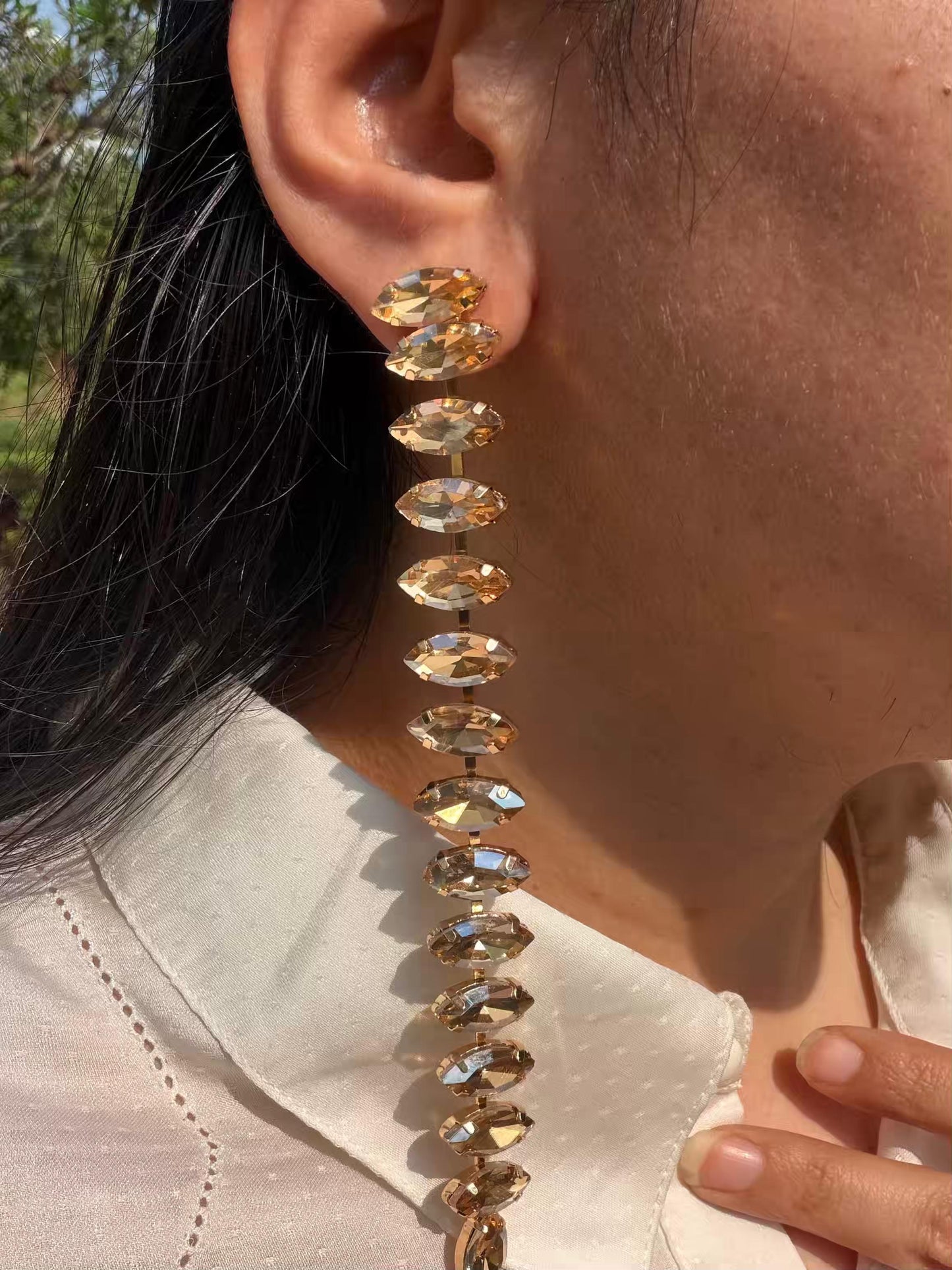 Golden Colour Stones Layers Long Gold Plated Earrings