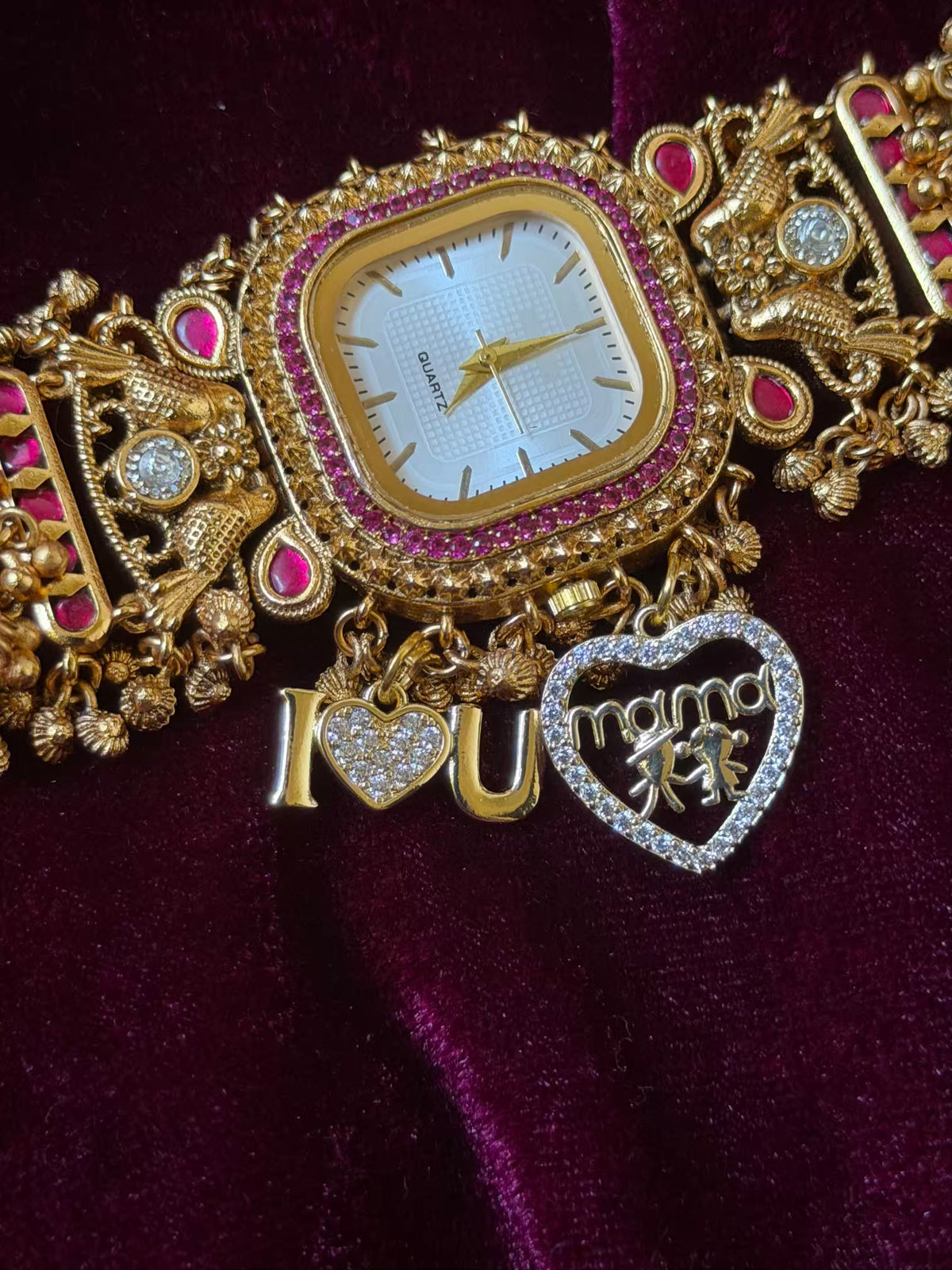 I  Love You Maharani Square Dial Heritage Watch Bracelet in Premium Swarovski – Gold & Ruby Pink