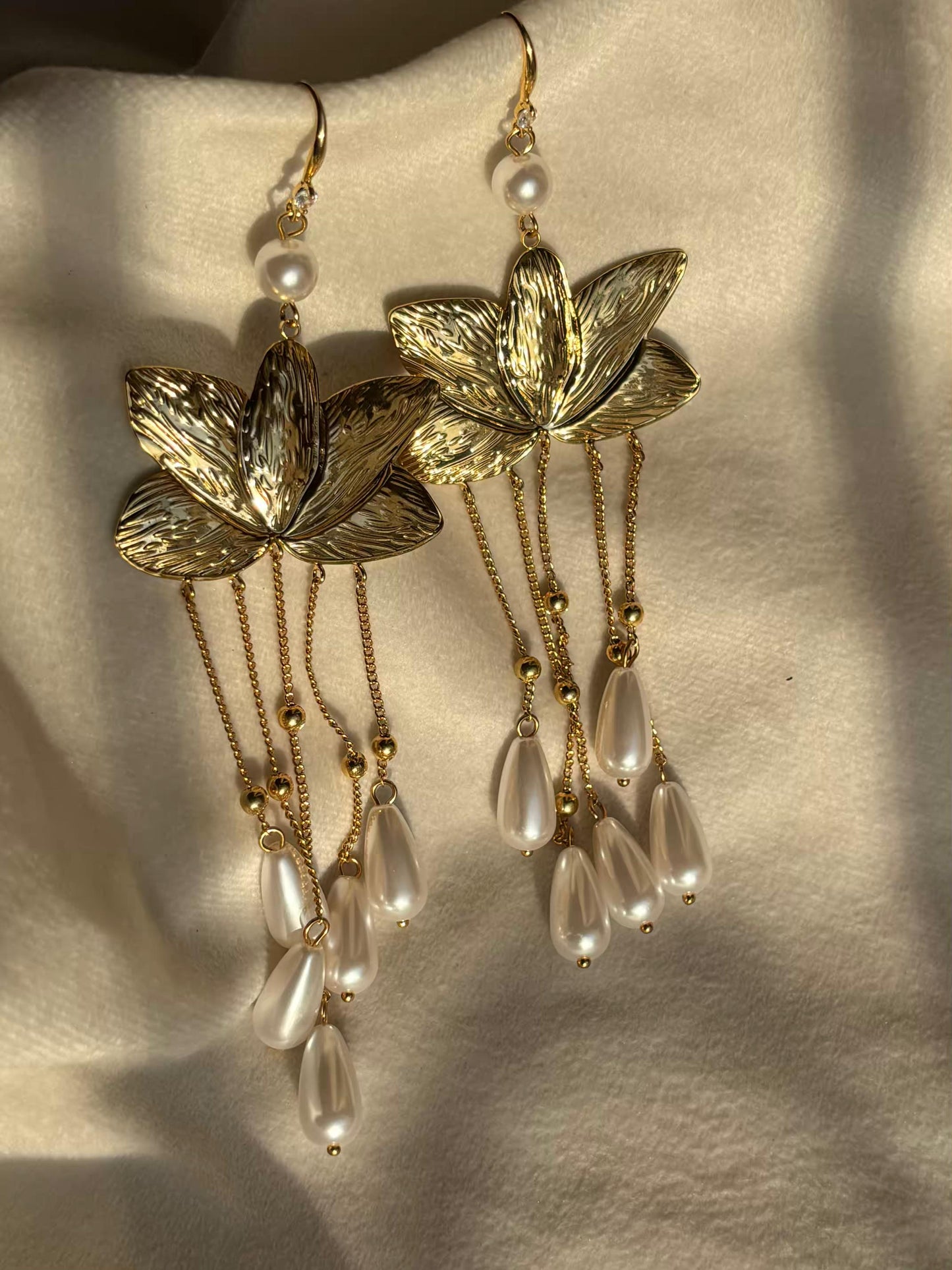 Lotus Pearl Dangles Studds Earrings 18K Gold Plated Premium Earrings