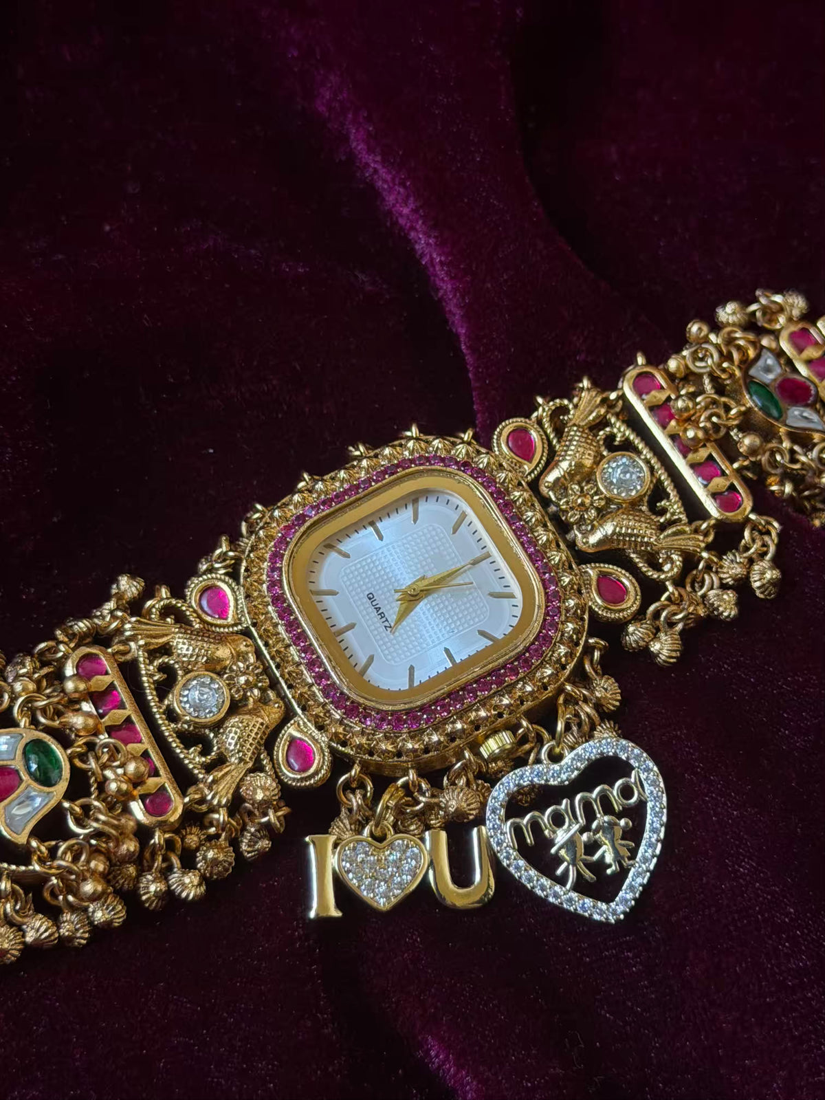 I  Love You Maharani Square Dial Heritage Watch Bracelet in Premium Swarovski – Gold & Ruby Pink
