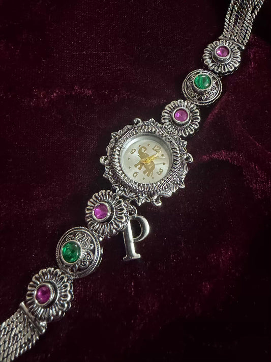 Royal Rajwada Inspired Silver-Tone Navratri Oxidised Heritage Watch