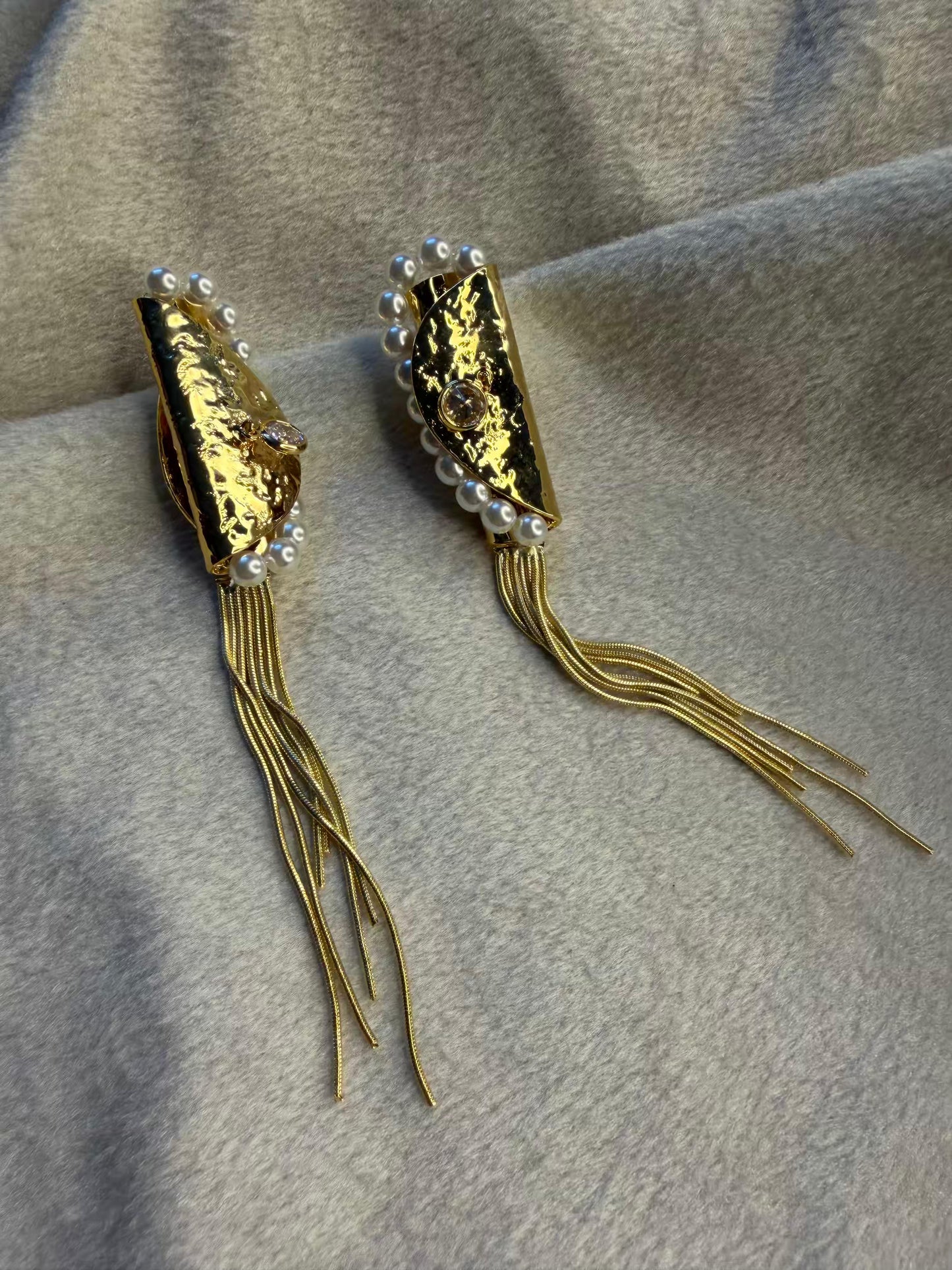 Gold Pearl Tassel Statement Gold Plated Earrings