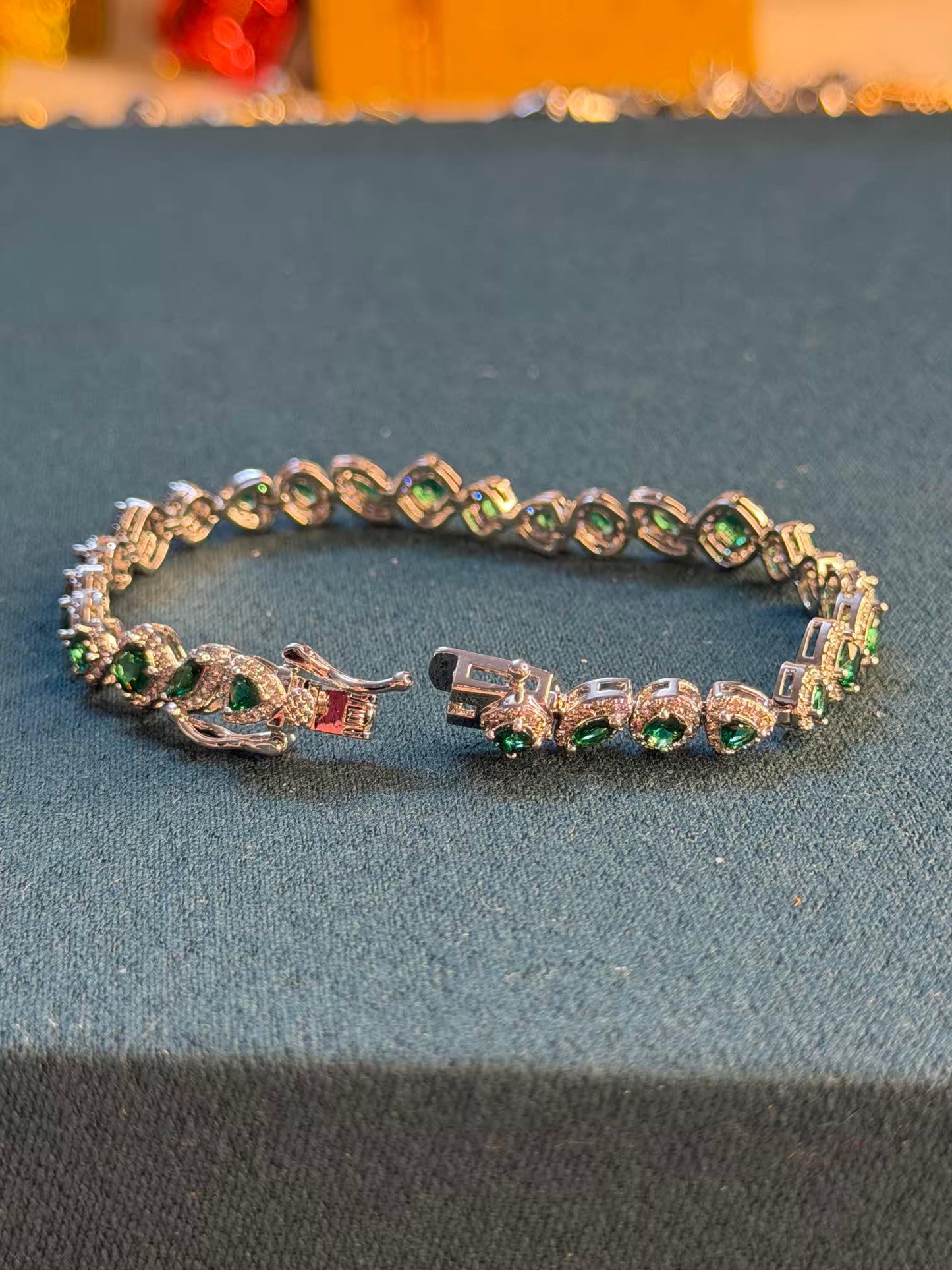 Emerald Halo Shaped Silver Plated Tennis Bracelet