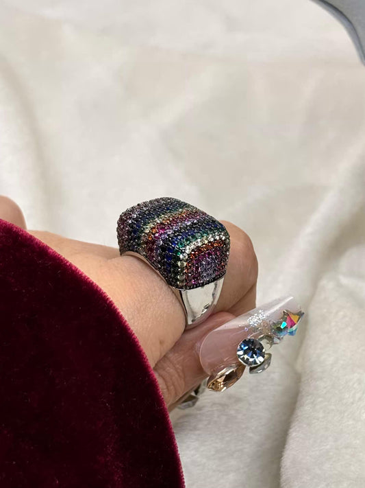 Pushtaini Colorburst Size 9 US Motif Premium Ring -Silver Plated